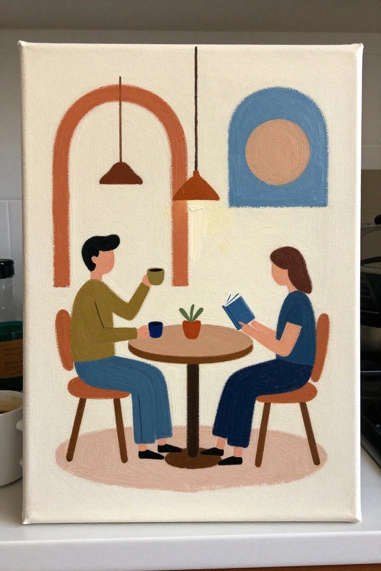 Flat-style painting of couple at round table with hanging lamps and arches