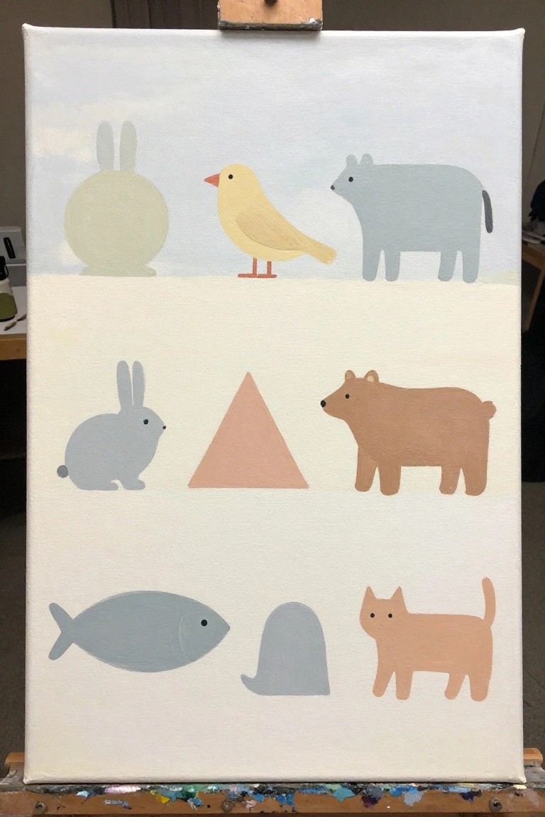 Pastel animal and shape illustrations on canvas atop wooden easel in three sections.