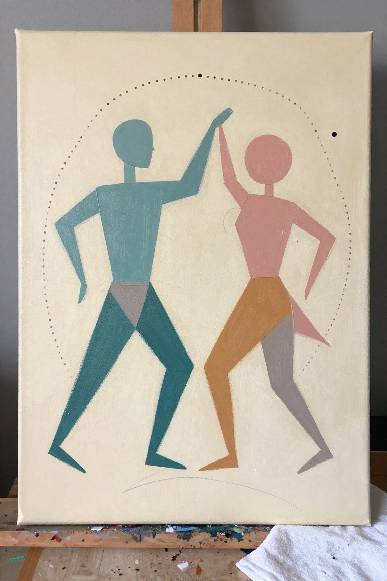 An acrylic painting of two geometric human figures dancing, one in teal and one in pink with orange pants, on a cream background with a dotted arc overhead.
