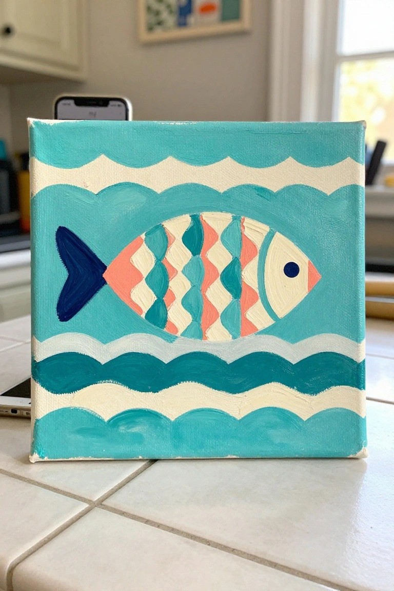 Colorful folk-style fish painting with orange-teal scales on turquoise wavy background
