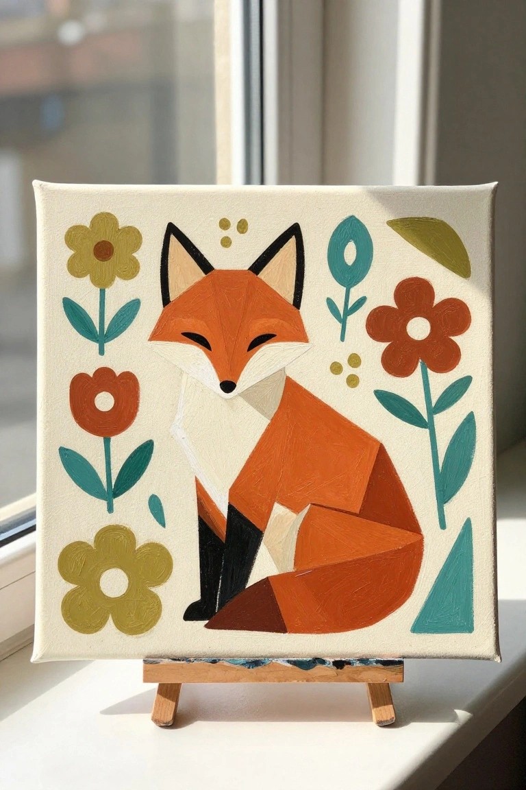 Stylized orange fox painting with colorful flowers on canvas easel