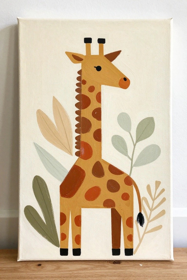 Stylized yellow giraffe with brown spots amid abstract green and beige leaves on canvas.
