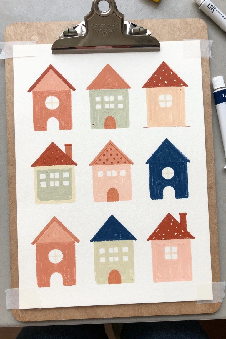 Clipboard holding nine colorful painted houses in a three-by-three grid on paper.