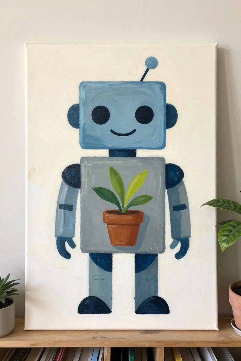 Blue robot painting on canvas with smiling face and potted plant on torso.