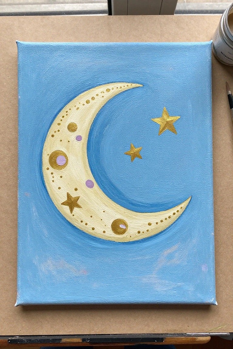 Golden crescent moon with stars and dots on light blue canvas