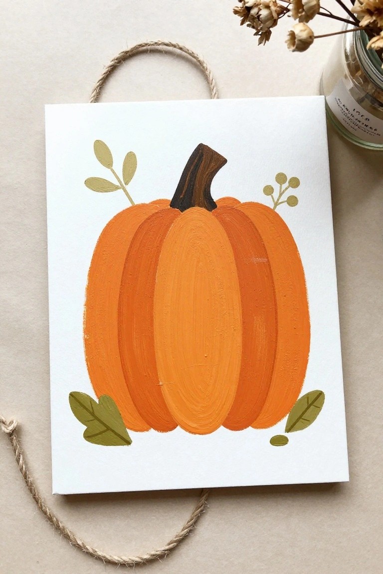 Orange pumpkin painting with brown stem and green leaves on white canvas with rope hanger