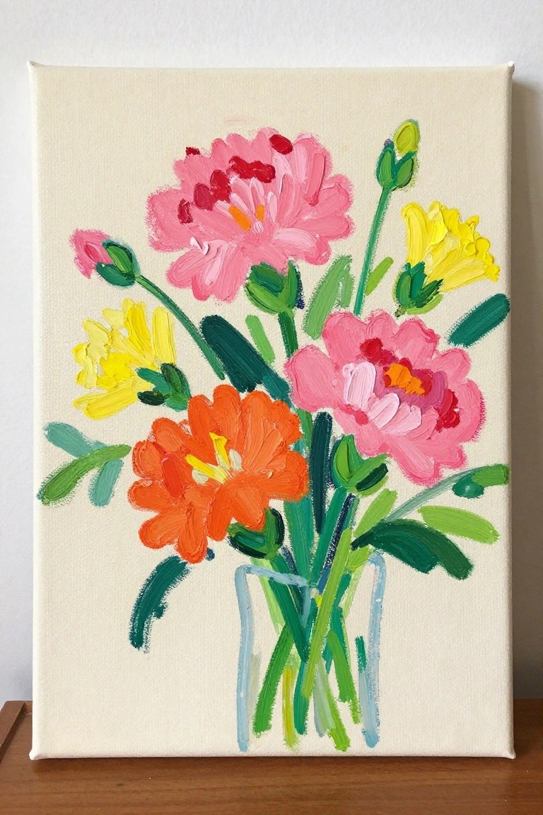 Vibrant painting of pink peonies, orange and yellow flowers in a blue vase.
