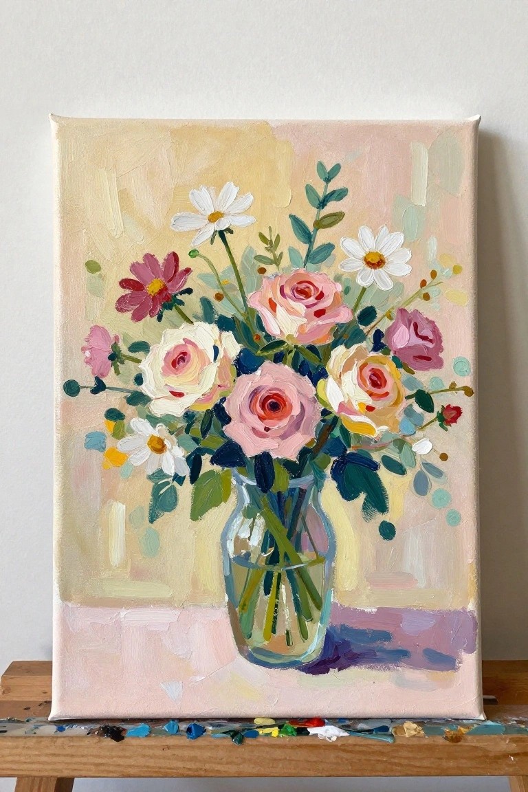 Oil painting on easel of pink roses and daisies in glass vase with paint stains below.