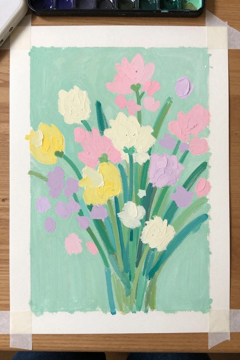 Vibrant painting of pink, yellow, white and purple flowers on green background with brushstrokes.