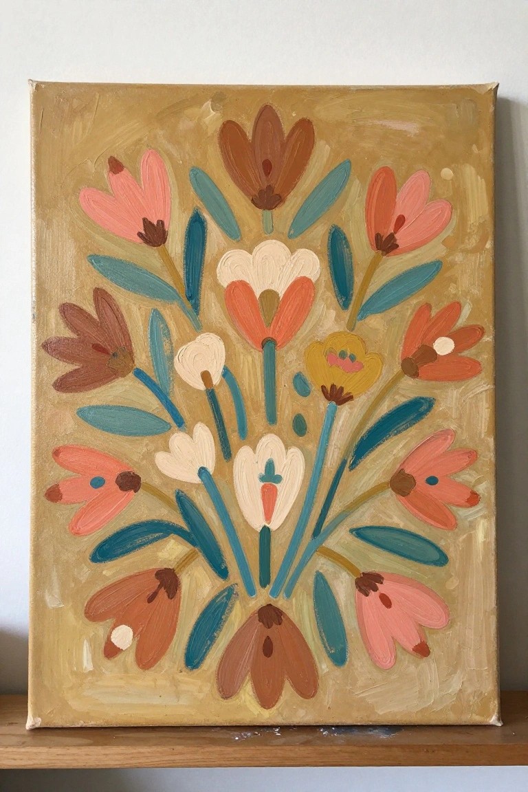 Vibrant abstract floral painting with pink orange flowers and blue leaves on yellow canvas