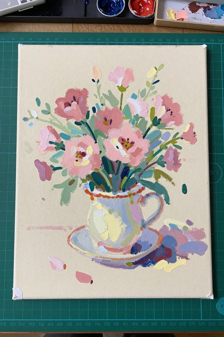 Vibrant painting of pink flowers in a colorful teacup on canvas
