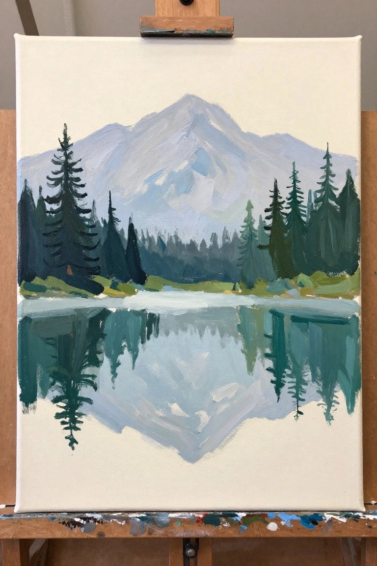 Mountain landscape painting with lake reflection and pine trees on wooden easel