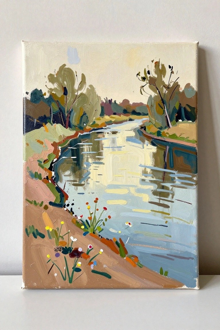 Impressionistic oil painting of a reflective river with tree-lined banks and colorful wildflowers.