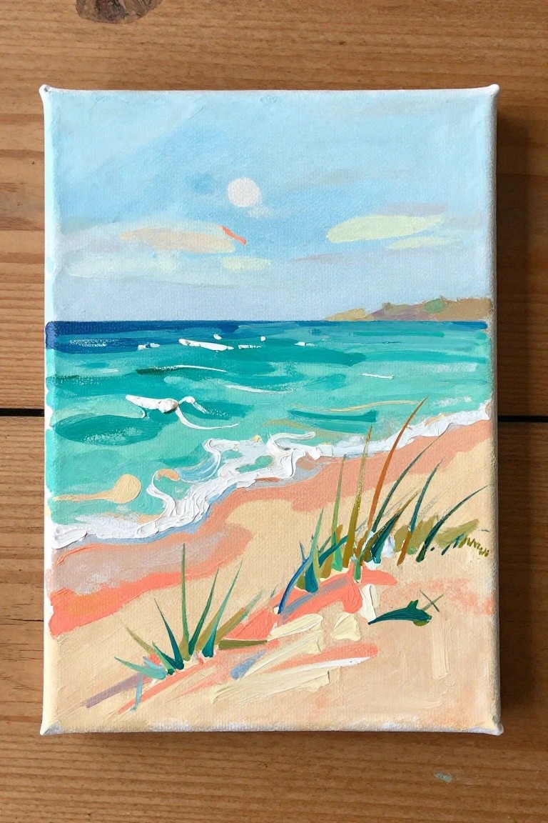 Loose brushstroke painting of teal waves on peach sand with tall beach grass.