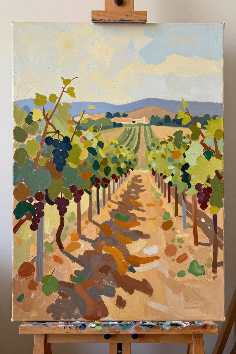 Colorful oil painting of vineyard rows with grapevines and hills on wooden easel