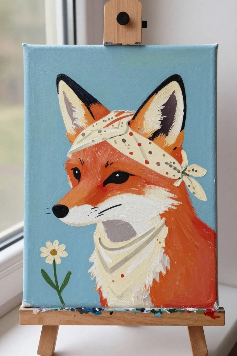 Vibrant painting of orange fox in dotted bandana beside daisy on wooden easel.