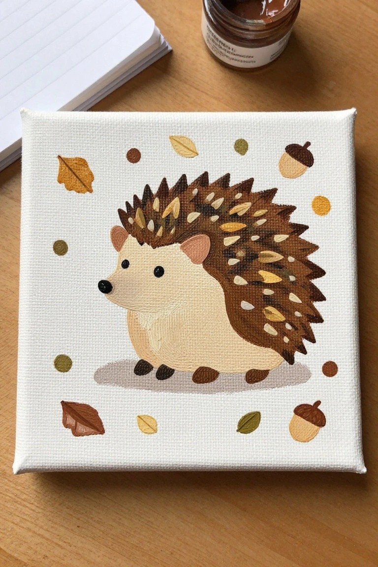 Cute hedgehog on canvas amid painted autumn leaves, acorns, and colorful dots.