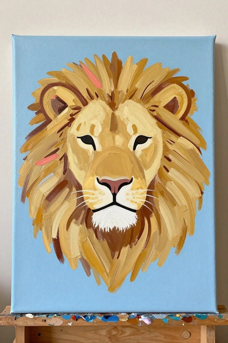 Boldly painted lion face with golden mane on light blue canvas easel