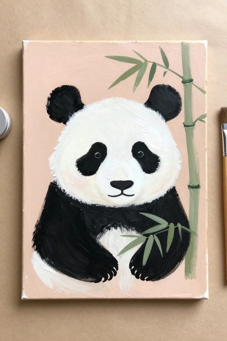 Cute panda painting with black ears and bamboo on light pink canvas