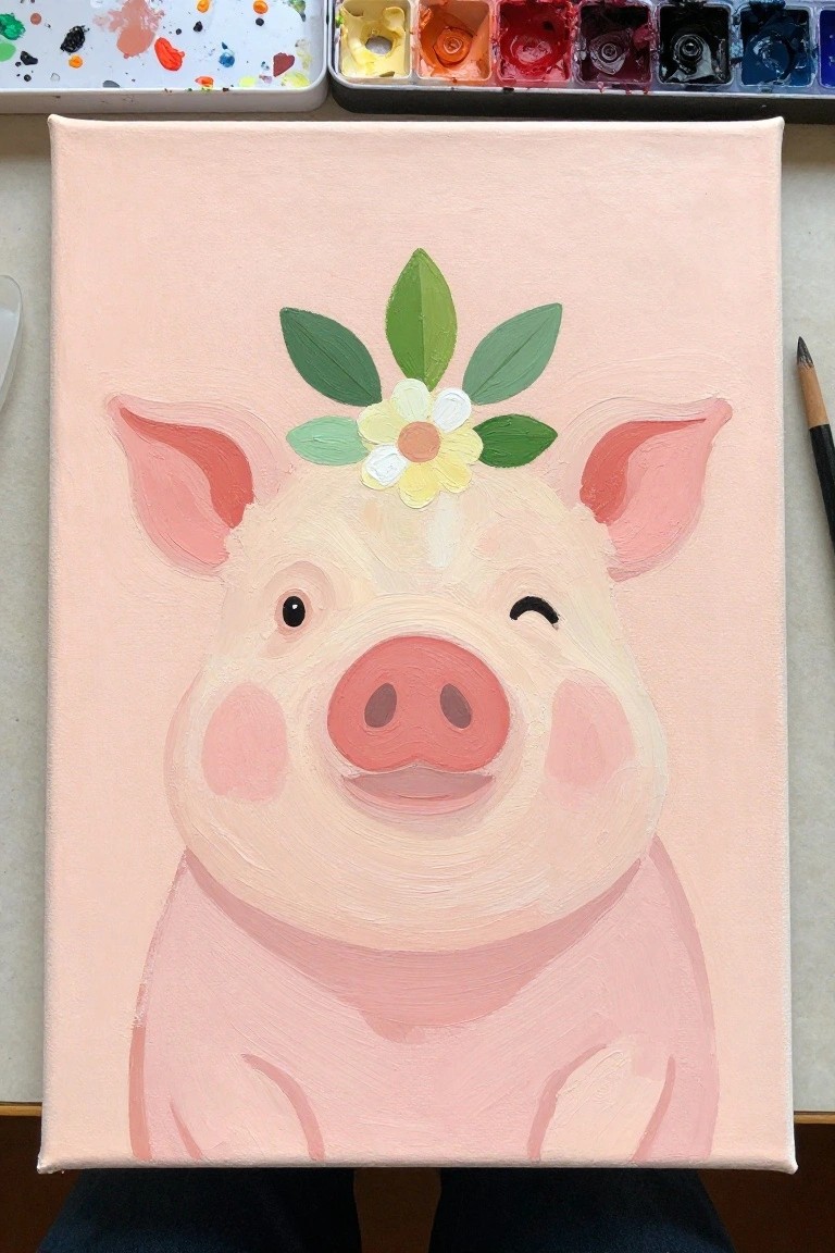 Cute pink pig painting with flower crown, winking eye on light pink canvas