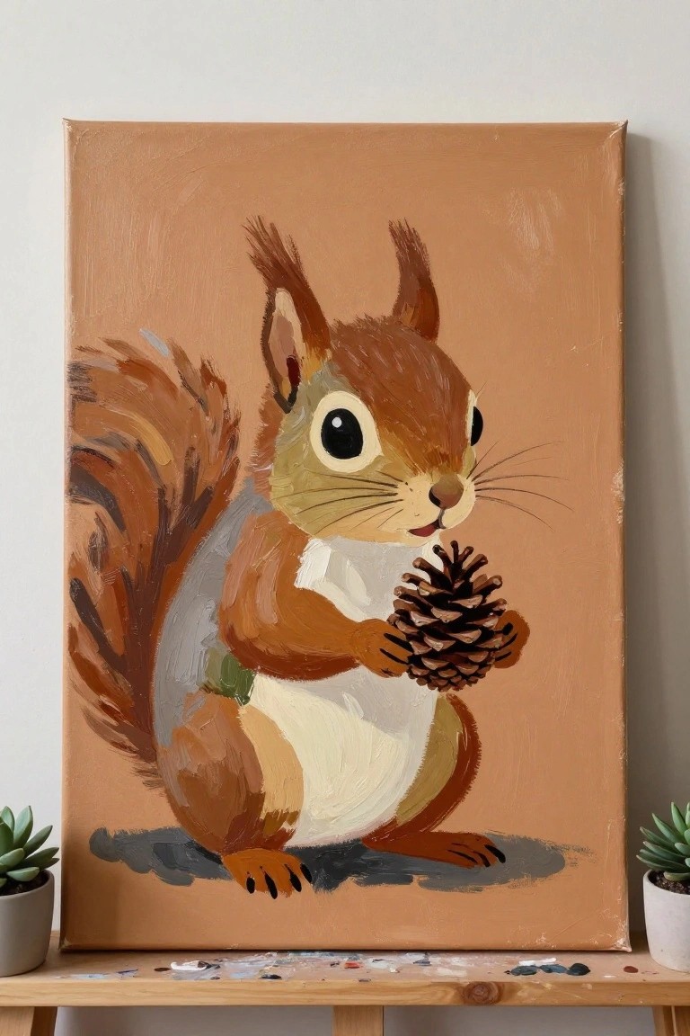 Brown squirrel holding pinecone in acrylic painting on easel with succulents.