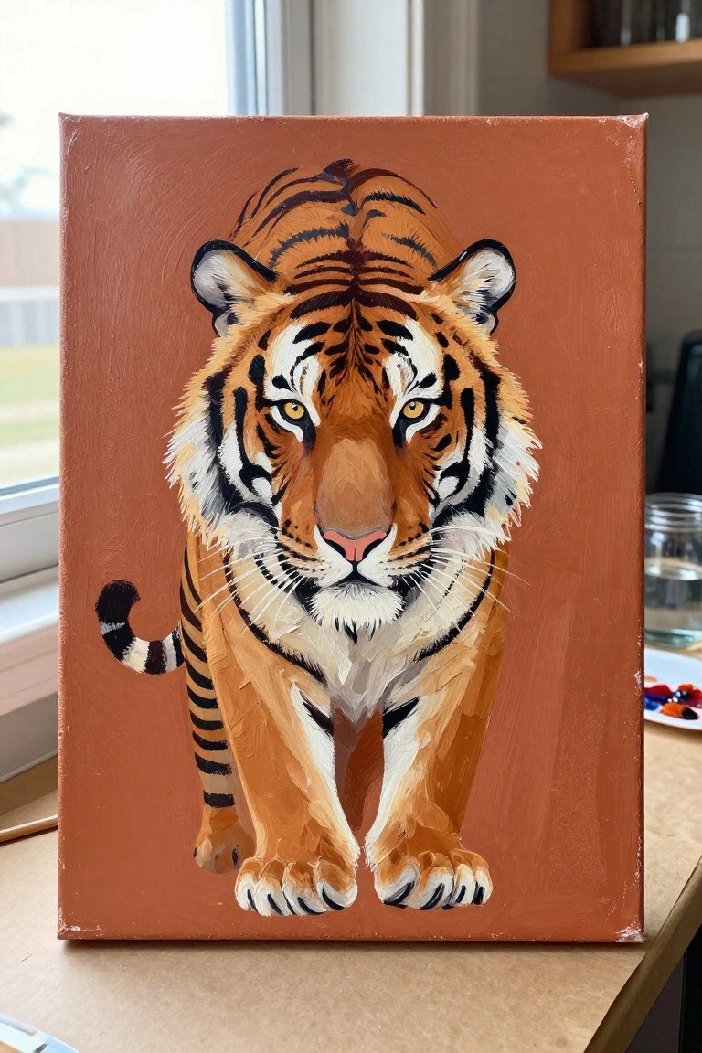 Orange canvas with a forward-facing tiger painting, bold black stripes, yellow eyes, wooden table.