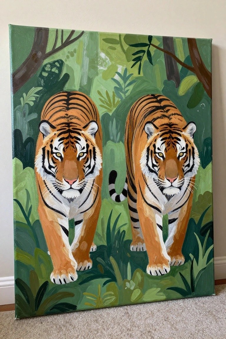 Two orange tigers stride through a lush green jungle painting
