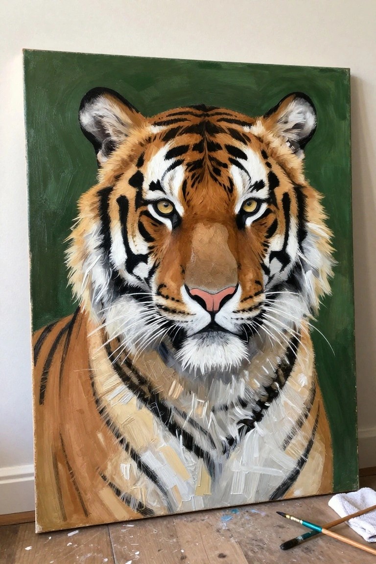 Realistic tiger painting on canvas with green background and paintbrushes on floor