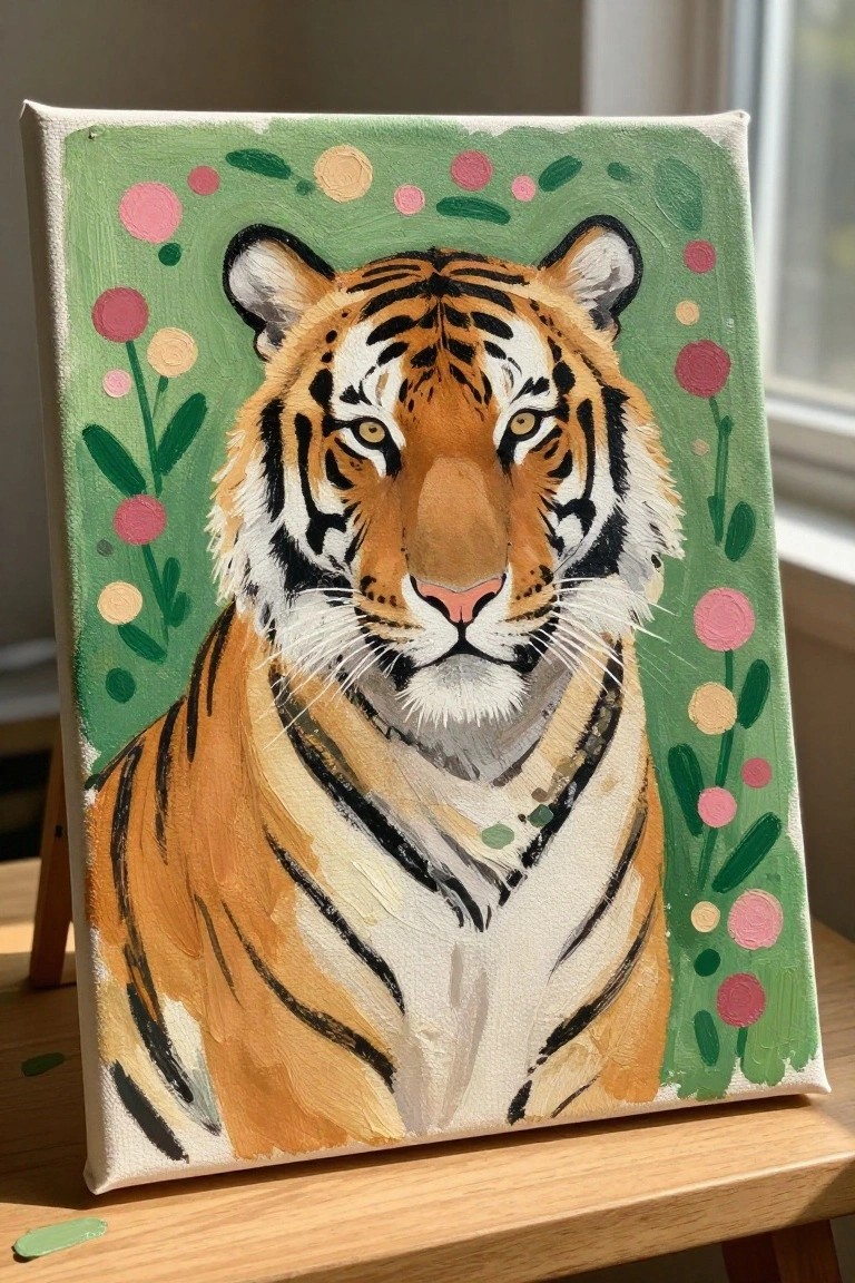 Orange tiger with black stripes on green floral canvas atop wooden table