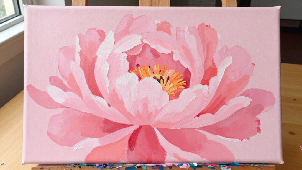 Vibrant pink peony with yellow center on white canvas atop wooden easel