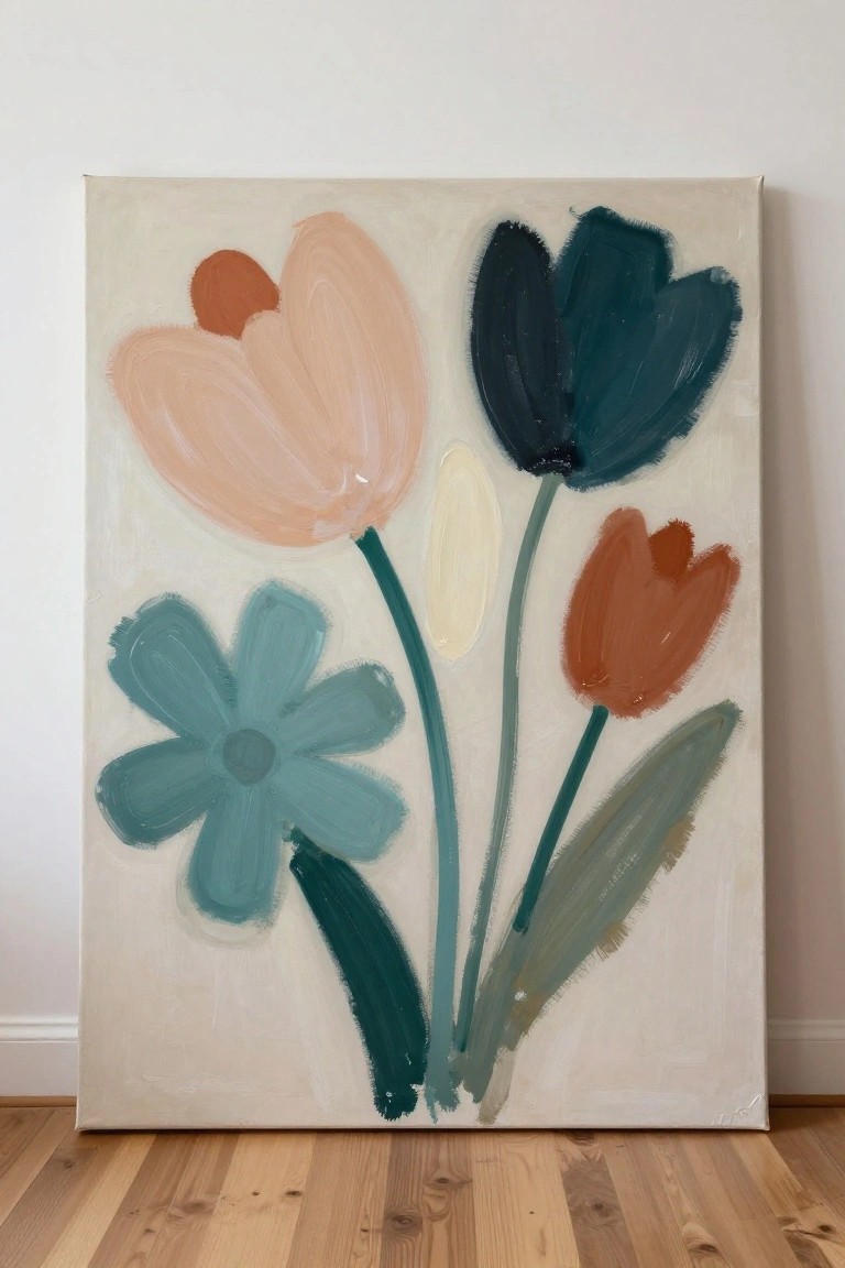 Abstract painting of colorful flowers with green stems on beige canvas leaning on floor