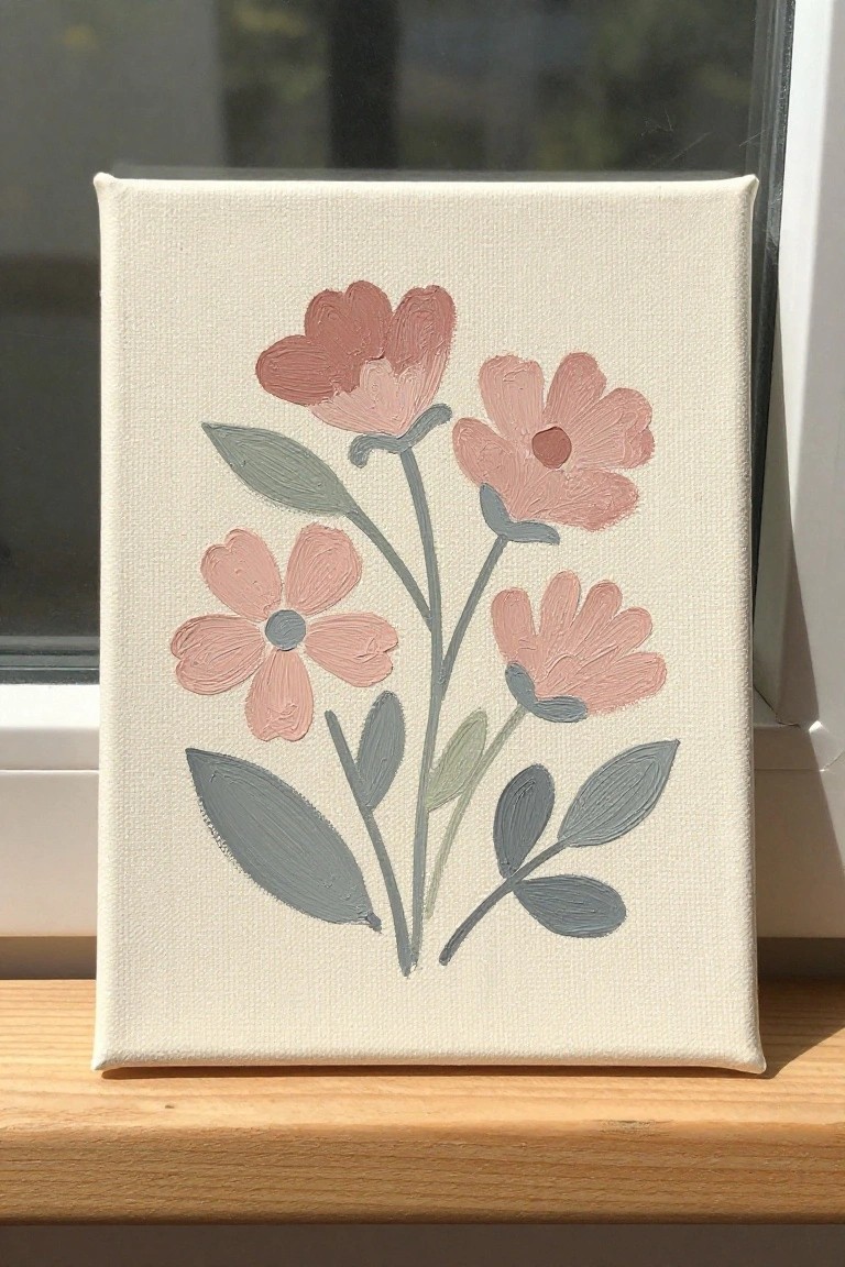 Pink flowers painted on white canvas with gray leaves on wooden windowsill.