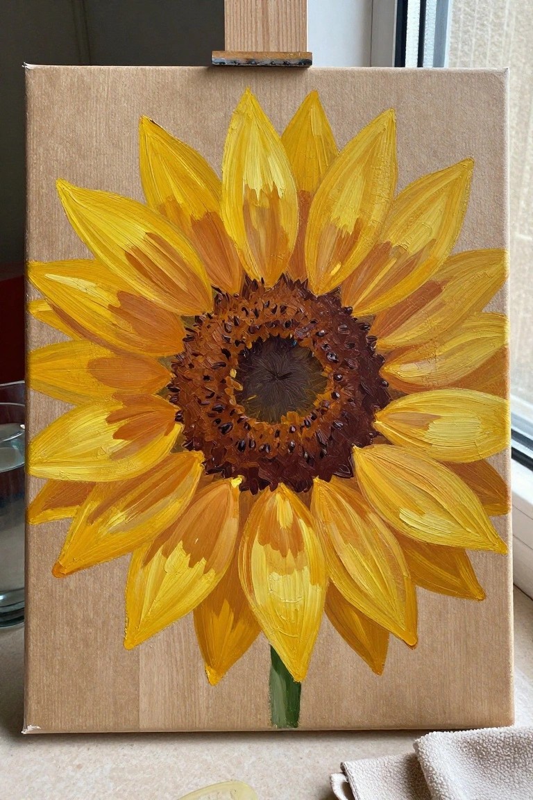 Yellow sunflower painting with brown center on canvas atop wooden easel