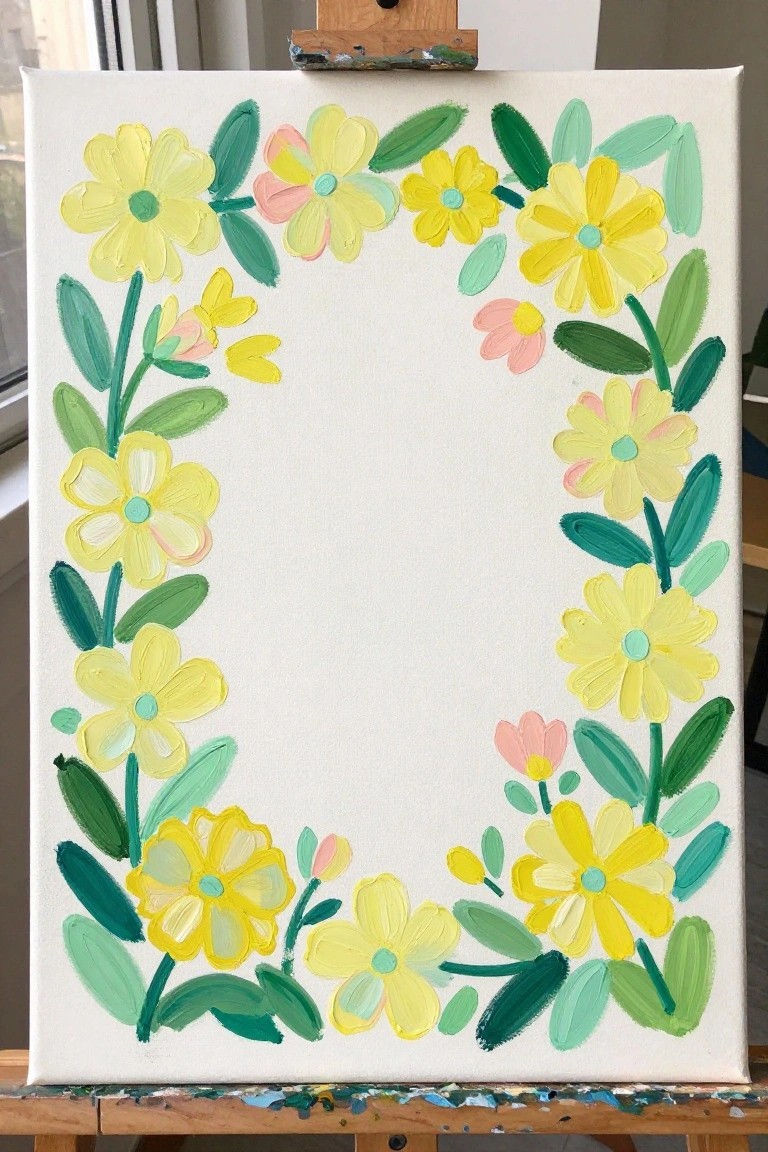 Colorful yellow and pink flower wreath painting on white canvas easel