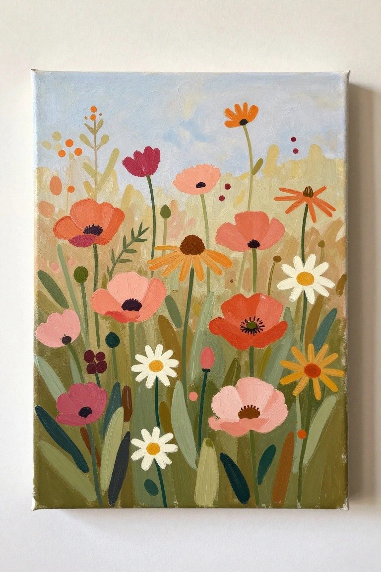Vibrant painting of colorful wildflowers including poppies and daisies in a meadow.