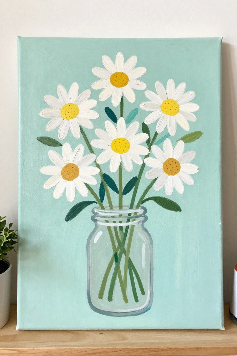 White daisies with yellow centers in a glass jar against a teal background