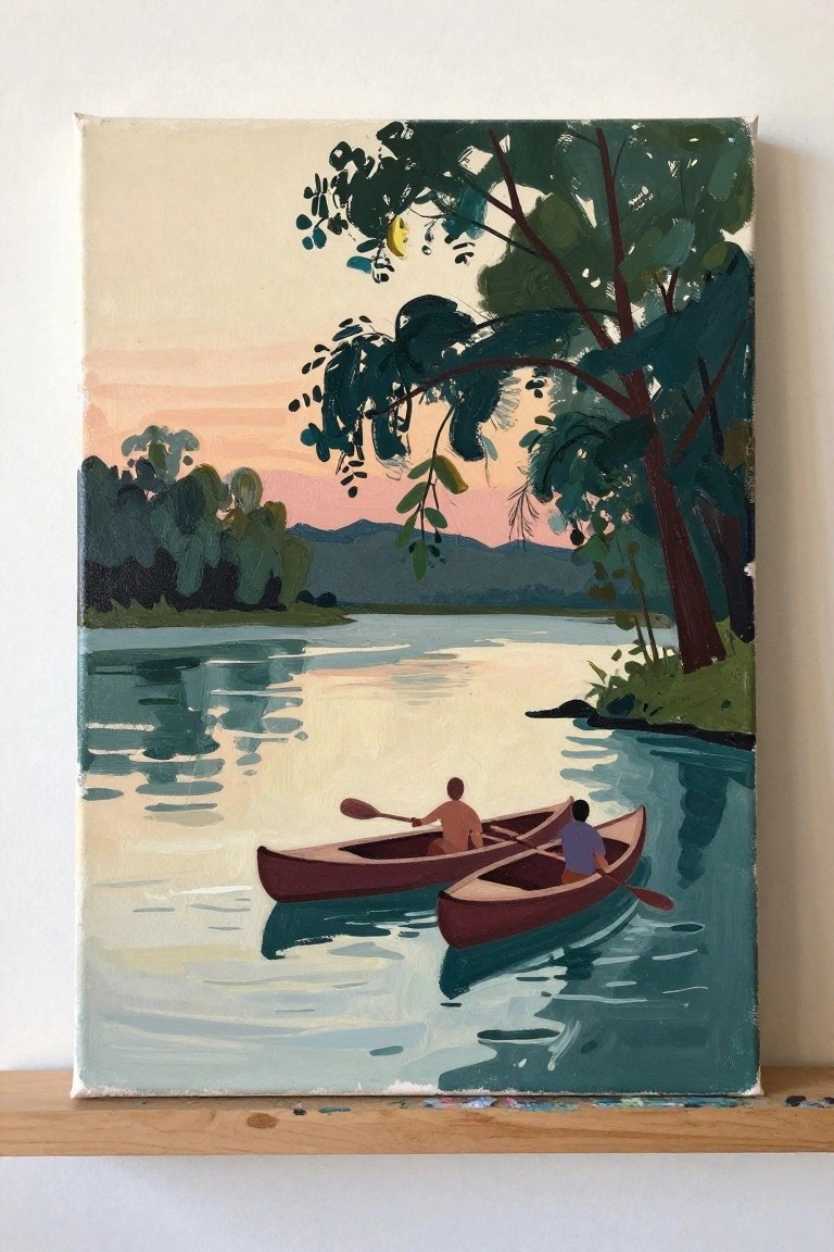 Two paddlers in canoes on calm water at sunset with a large overhanging tree.