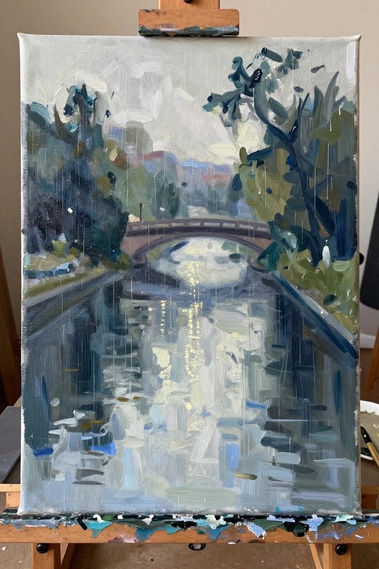 Impressionistic oil painting of arched bridge over reflective river with trees on easel