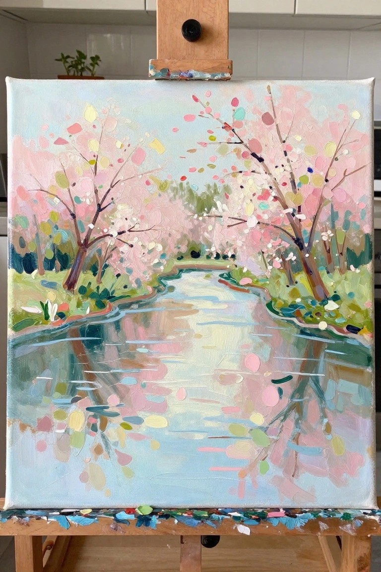 Impressionist painting on easel shows winding stream amid pink blossoming trees with reflections.