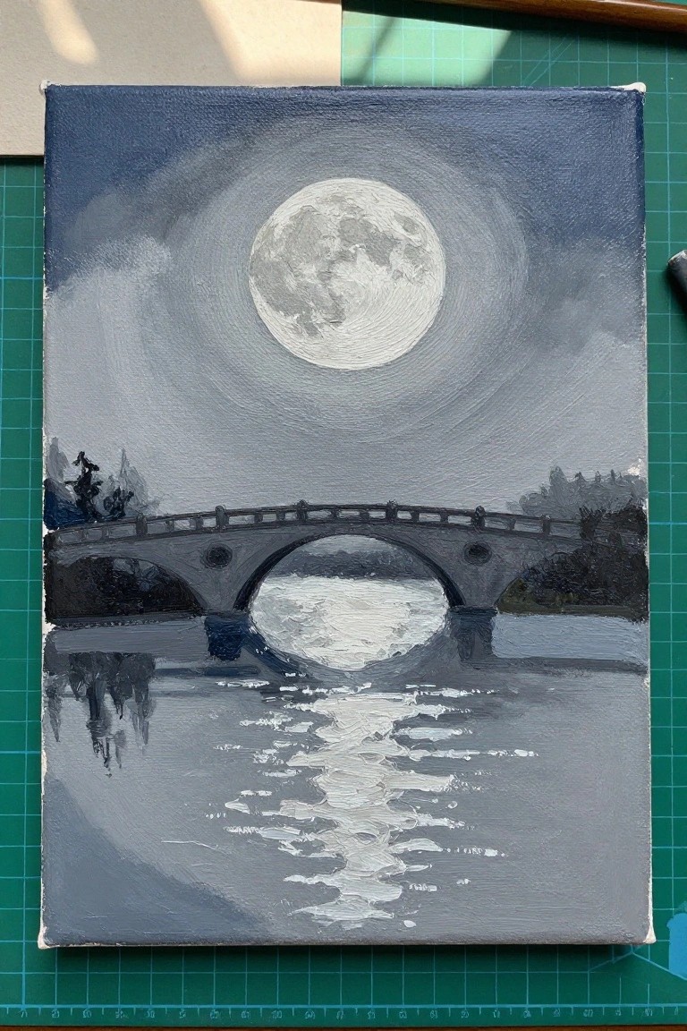 Textured painting of full moon above arched stone bridge with shimmering water reflections