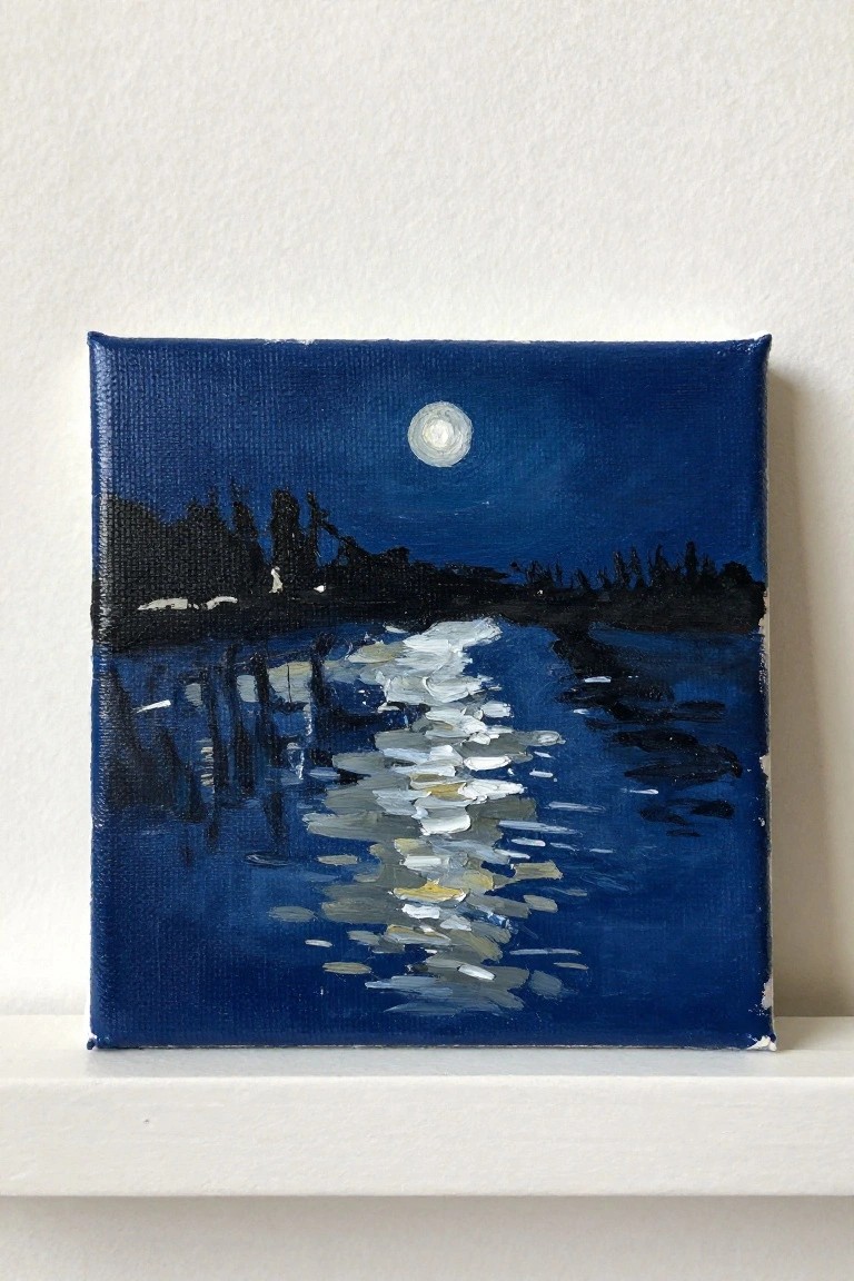Small square canvas painting of moon reflecting on dark blue water at night
