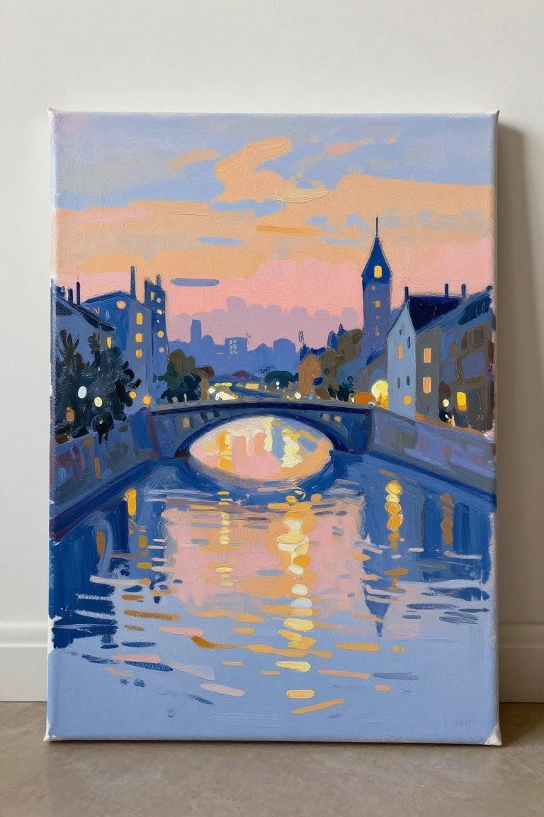 Colorful impressionistic painting of river bridge at dusk with glowing reflections and buildings
