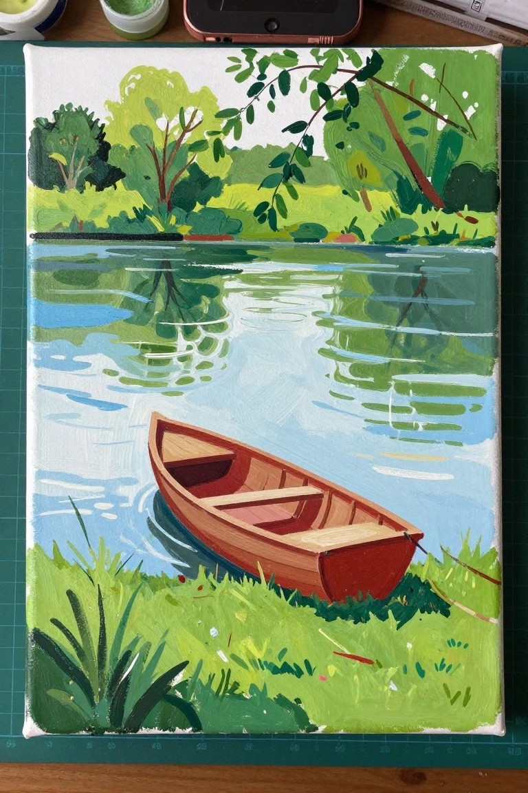 Vibrant painting of red rowboat on grassy bank by reflective blue-green water with trees