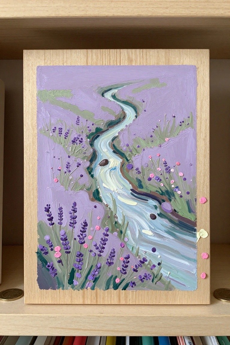 Impressionistic painting of winding blue stream through purple lavender fields in wooden frame.