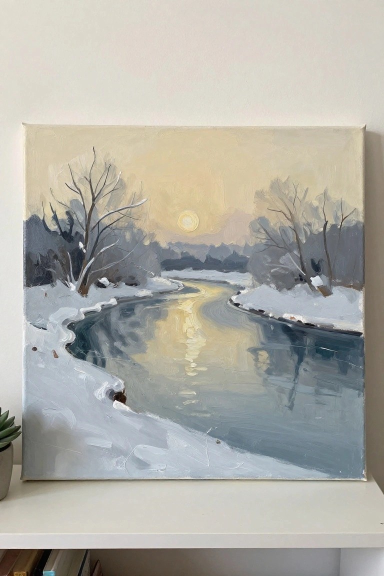 Impressionistic painting of winding river through snowy banks and bare trees under hazy sun