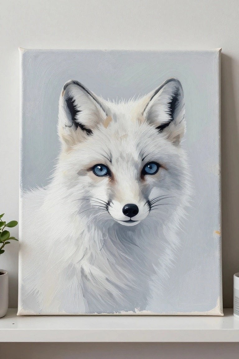 Realistic acrylic painting of a white fox face with blue eyes on a light background.
