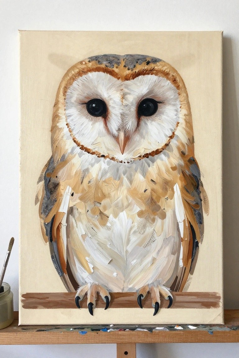 Textured painting of a barn owl with white feathers and dark eyes on canvas.
