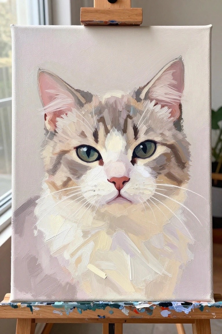 Oil painting of fluffy cat with green eyes on paint-splattered wooden easel