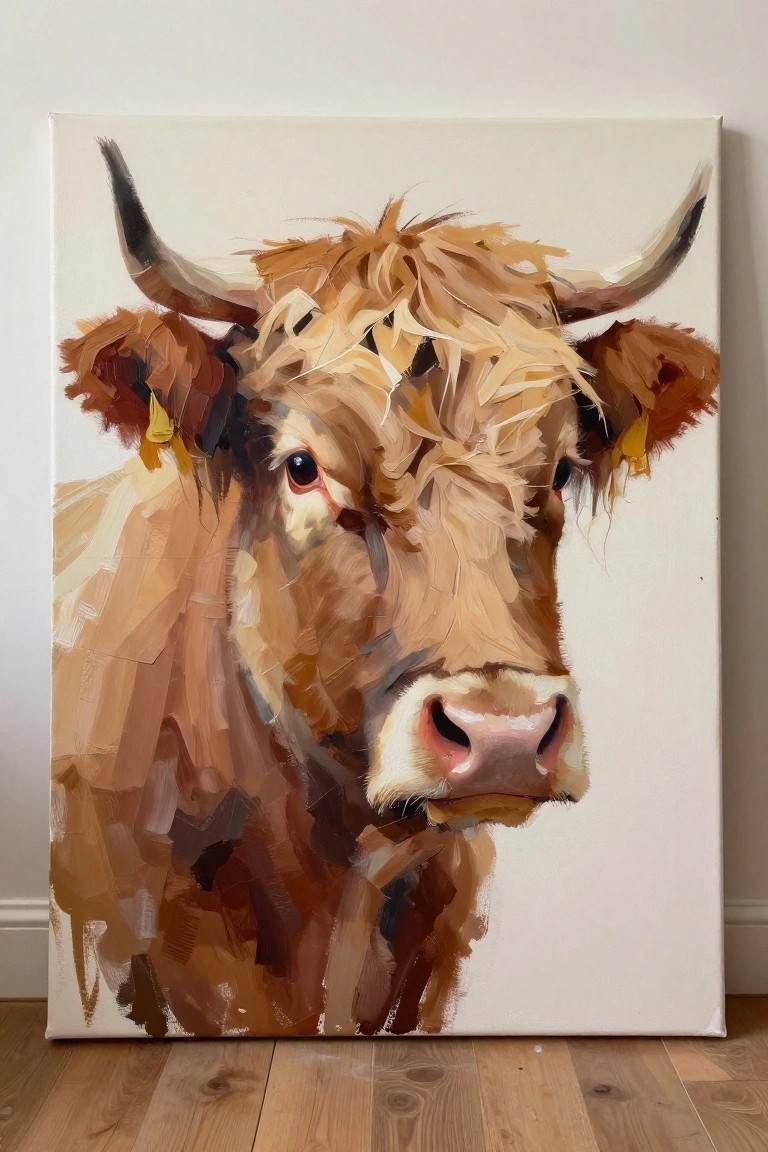 Expressive oil painting of a shaggy brown cow with horns on canvas.