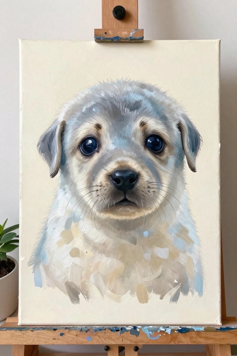 Painting of a fluffy puppy with large blue eyes on a wooden easel